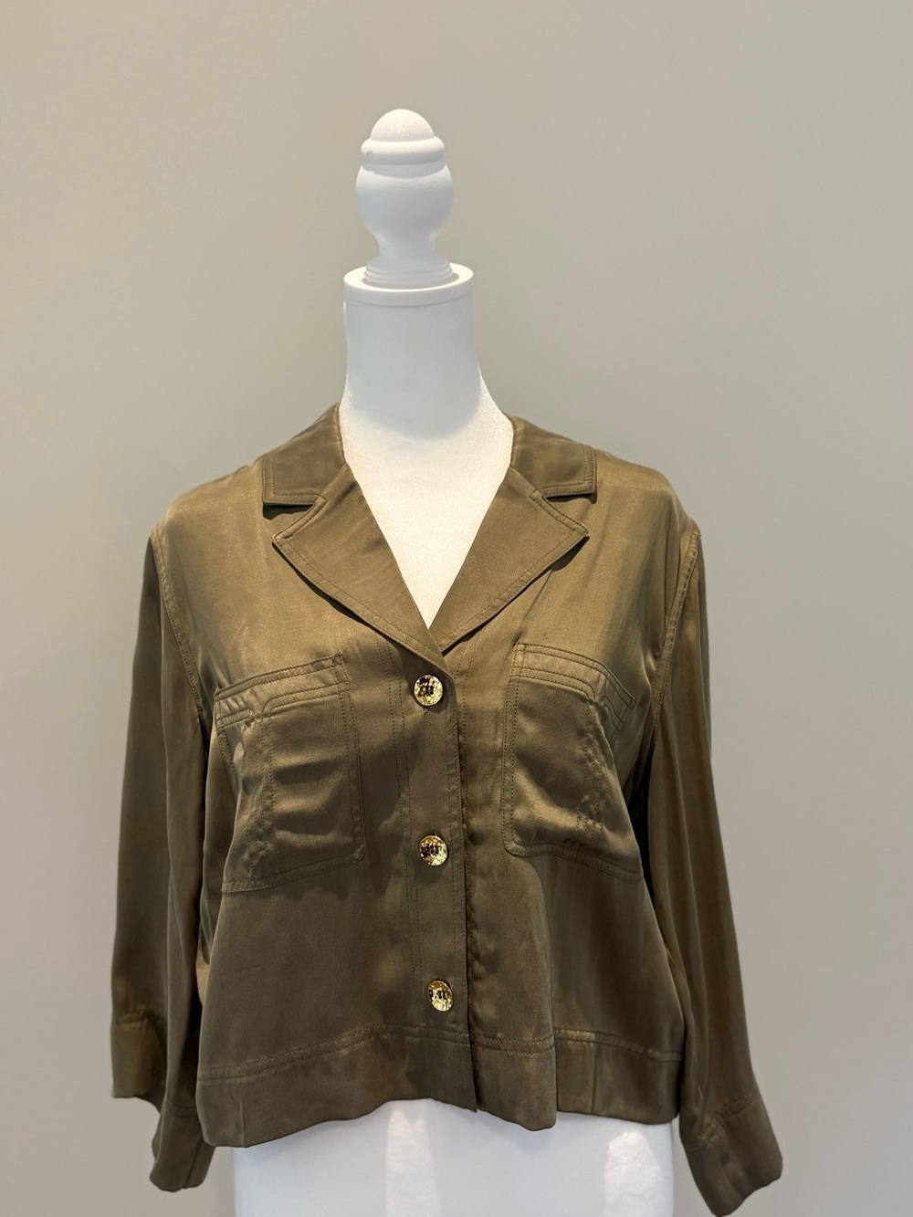 Ganni Olive Green Satin Button-Front Shirt Jacket